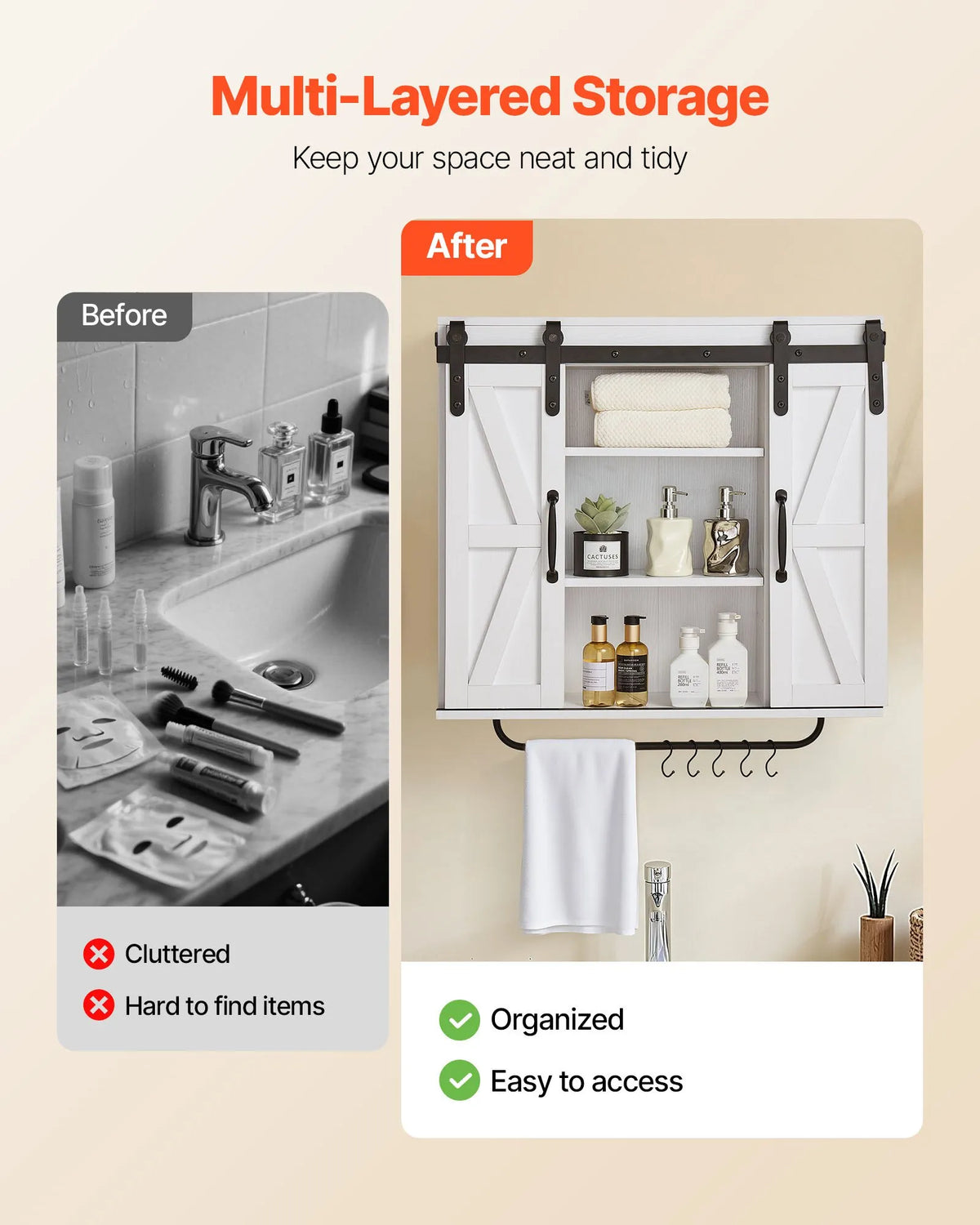 VEVOR Bathroom Wall Cabinet with 2 Doors and Adjustable Shelf, Hanging Cabinet Above Toilet with Open Compartment, Towel Rack and Hooks, Suitable for Bathroom, Laundry or Kitchen, White