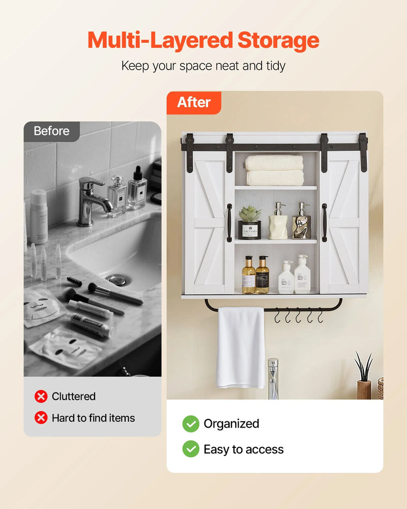 VEVOR vannas istabas sienas skapis ar 2 durvīm un regulējamu plauktu, piekaramais skapītis virs tualetes ar atvērtu nodalījumu, dvieļu turētāju un āķiem, piemērots vannas istabai, veļas vai virtuves telpai, balts
