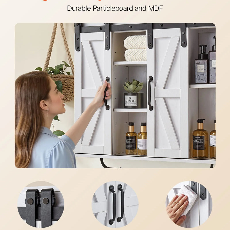 VEVOR vannas istabas sienas skapis ar 2 durvīm un regulējamu plauktu, piekaramais skapītis virs tualetes ar atvērtu nodalījumu, dvieļu turētāju un āķiem, piemērots vannas istabai, veļas vai virtuves telpai, balts