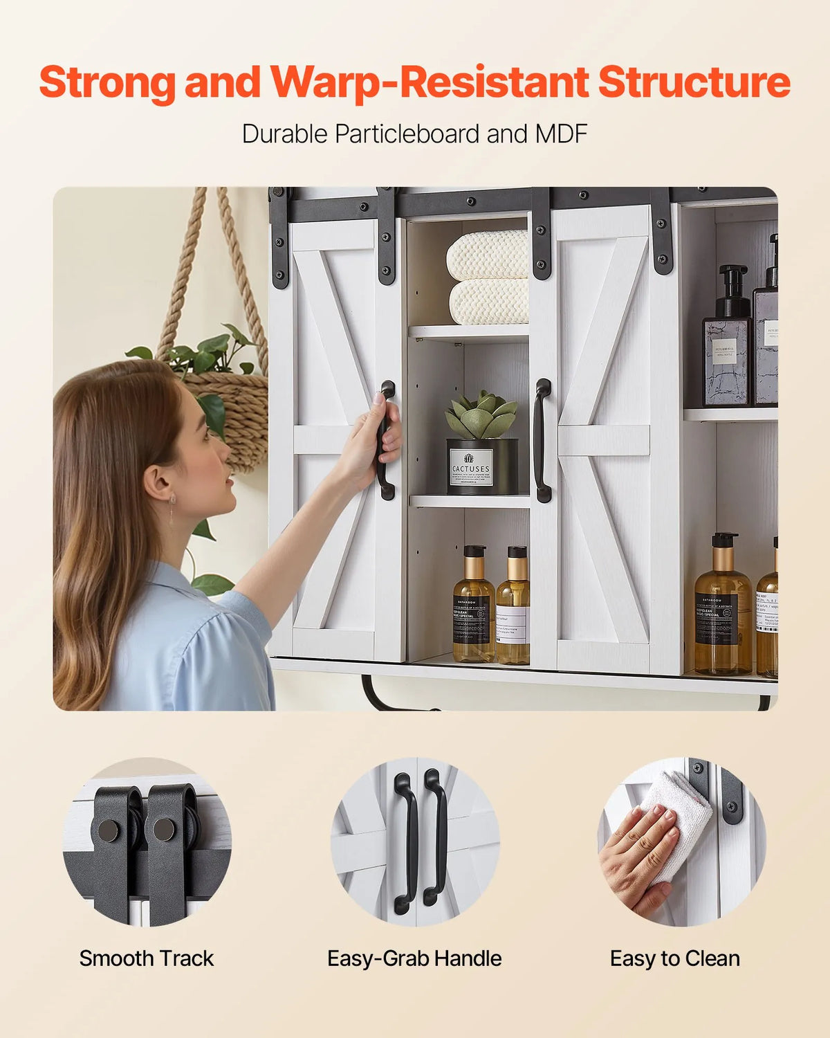 VEVOR Bathroom Wall Cabinet with 2 Doors and Adjustable Shelf, Hanging Cabinet Above Toilet with Open Compartment, Towel Rack and Hooks, Suitable for Bathroom, Laundry or Kitchen, White