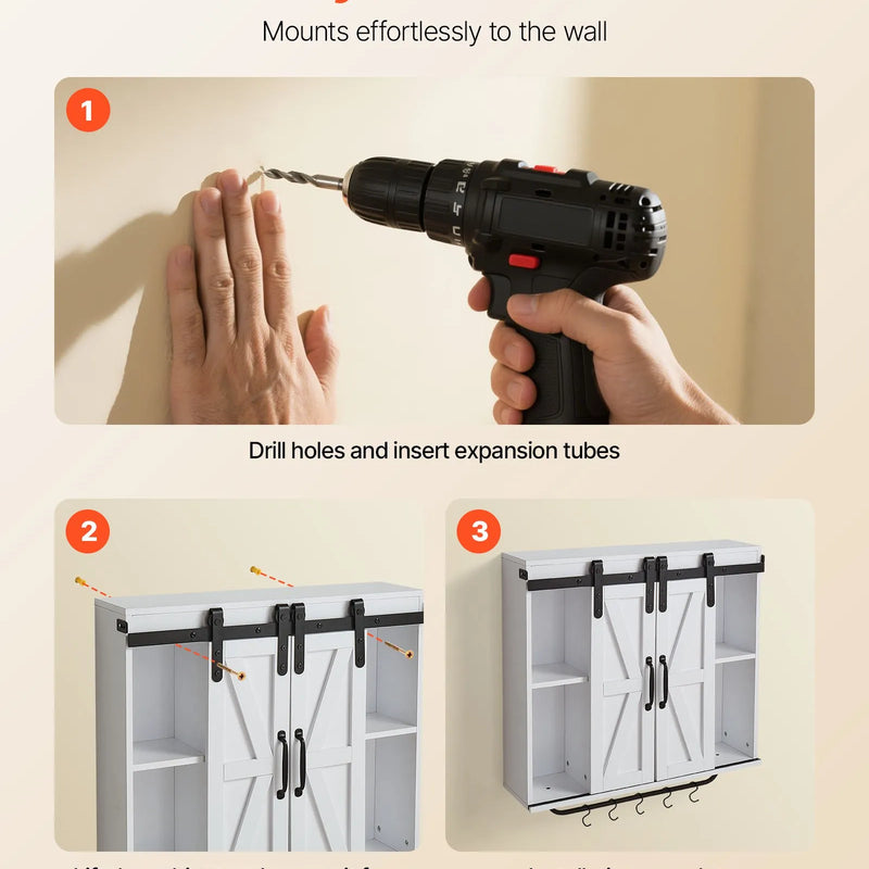 VEVOR vannas istabas sienas skapis ar 2 durvīm un regulējamu plauktu, piekaramais skapītis virs tualetes ar atvērtu nodalījumu, dvieļu turētāju un āķiem, piemērots vannas istabai, veļas vai virtuves telpai, balts
