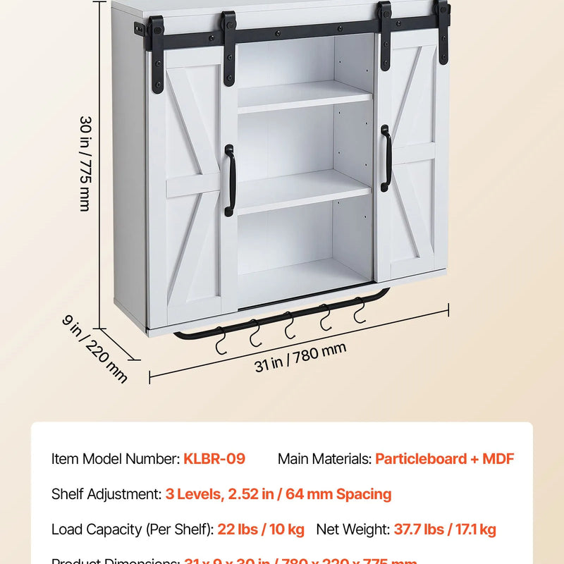 VEVOR vannas istabas sienas skapis ar 2 durvīm un regulējamu plauktu, piekaramais skapītis virs tualetes ar atvērtu nodalījumu, dvieļu turētāju un āķiem, piemērots vannas istabai, veļas vai virtuves telpai, balts