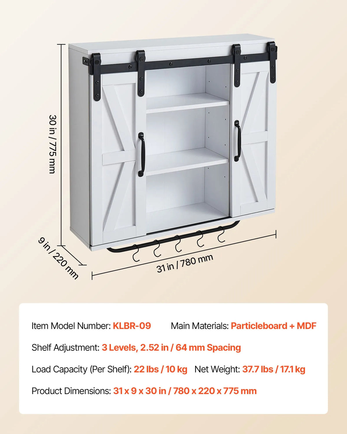 VEVOR Bathroom Wall Cabinet with 2 Doors and Adjustable Shelf, Hanging Cabinet Above Toilet with Open Compartment, Towel Rack and Hooks, Suitable for Bathroom, Laundry or Kitchen, White