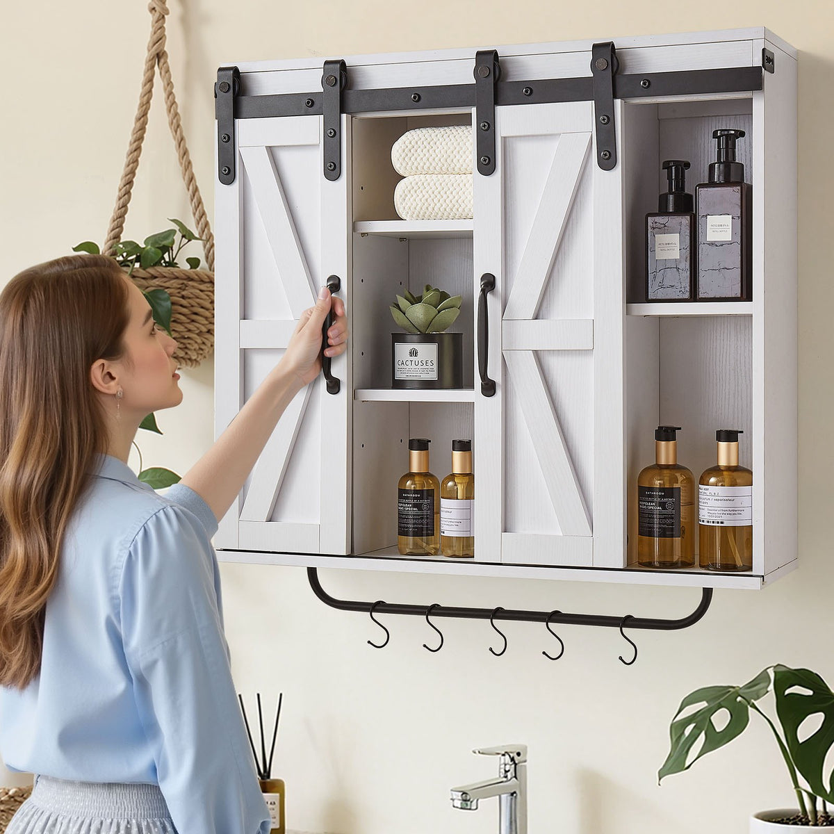 VEVOR Bathroom Wall Cabinet with 2 Doors and Adjustable Shelf, Hanging Cabinet Above Toilet with Open Compartment, Towel Rack and Hooks, Suitable for Bathroom, Laundry or Kitchen, White