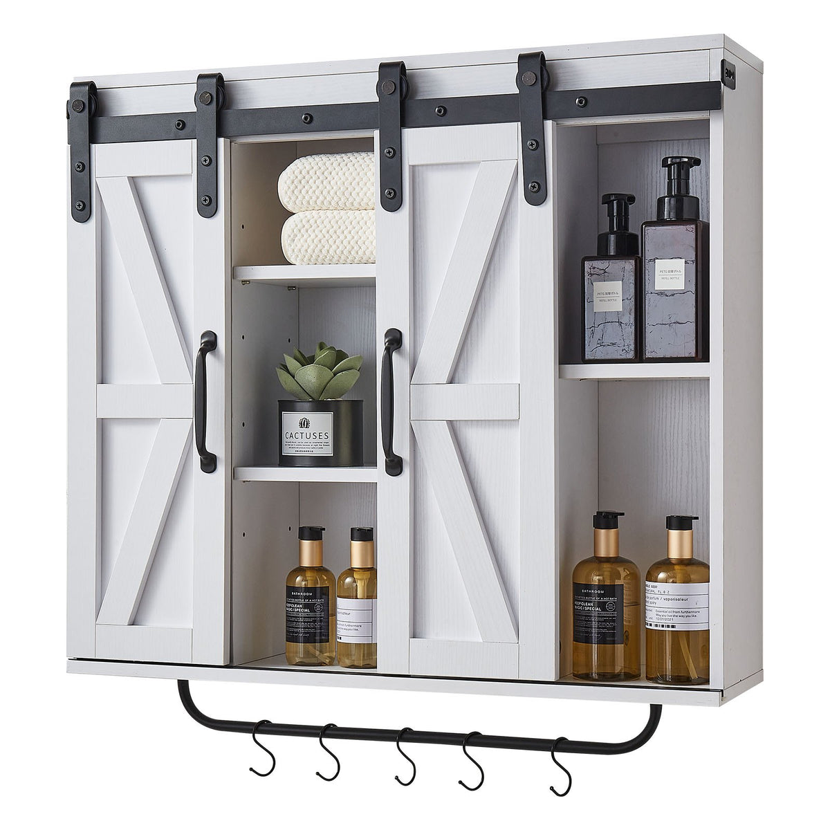 VEVOR Bathroom Wall Cabinet with 2 Doors and Adjustable Shelf, Hanging Cabinet Above Toilet with Open Compartment, Towel Rack and Hooks, Suitable for Bathroom, Laundry or Kitchen, White