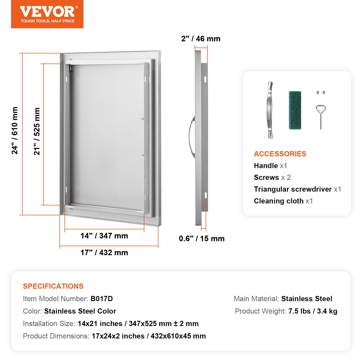VEVOR BBQ Access Door 432x610 mm, Stainless Steel, Vertical Wall Door with Handle
