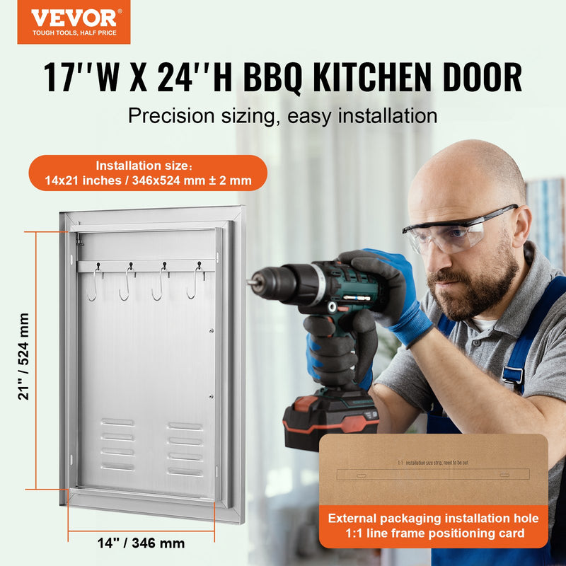 VEVOR BBQ piekļuves durvis, 610 x 431 mm, nerūsējošais tērauds, ar rokturi un ventilācijām, piemērotas āra virtuvei