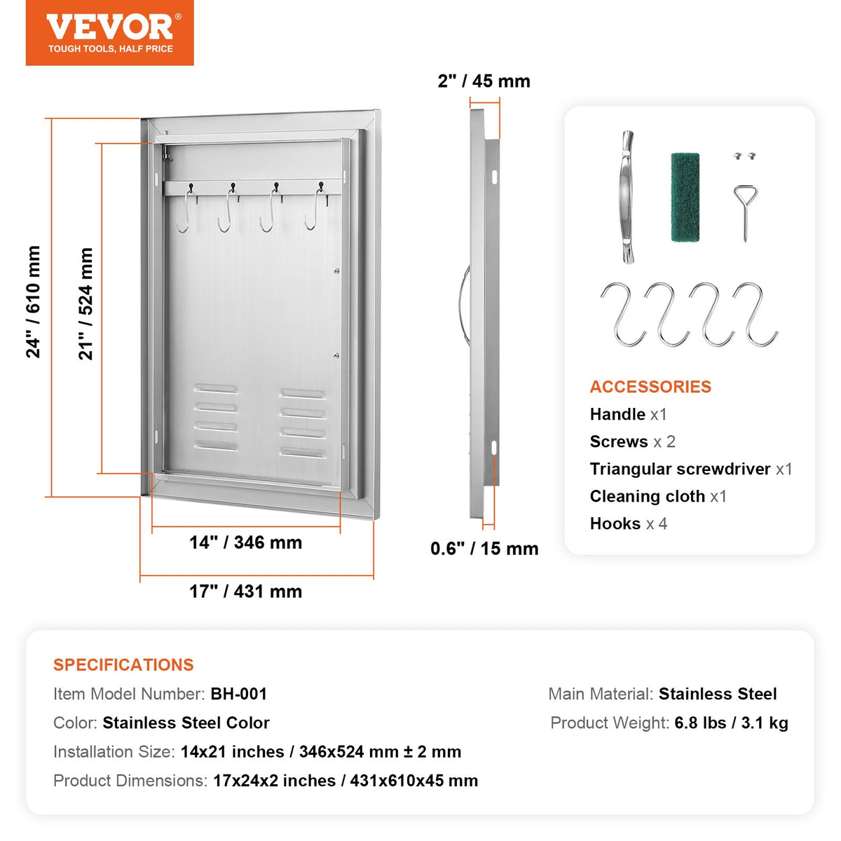 VEVOR BBQ Access Door, 610 x 431 mm, Stainless Steel, with Handle and Vents, Suitable for Outdoor Kitchen