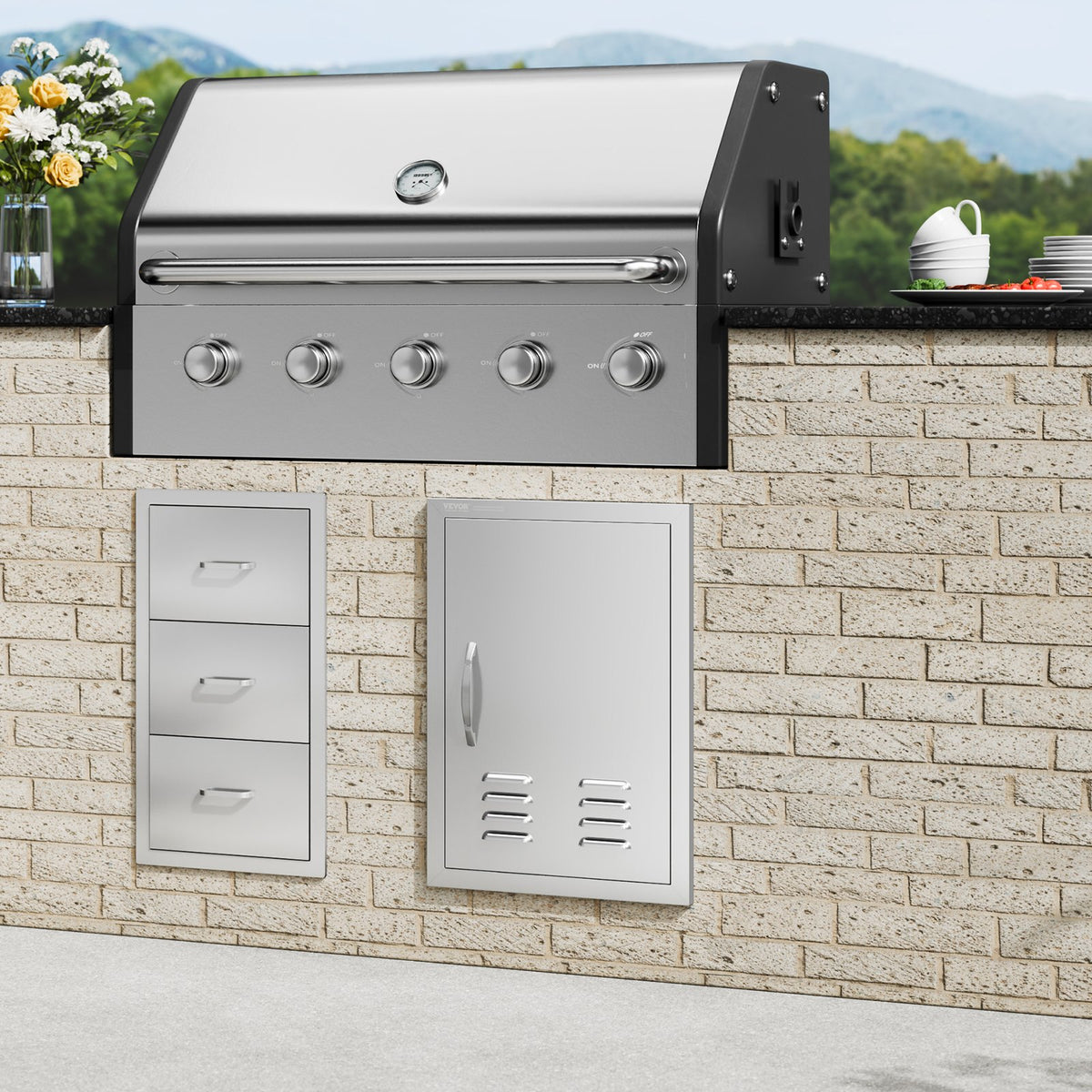 VEVOR BBQ Access Door, 610 x 431 mm, Stainless Steel, with Handle and Vents, Suitable for Outdoor Kitchen