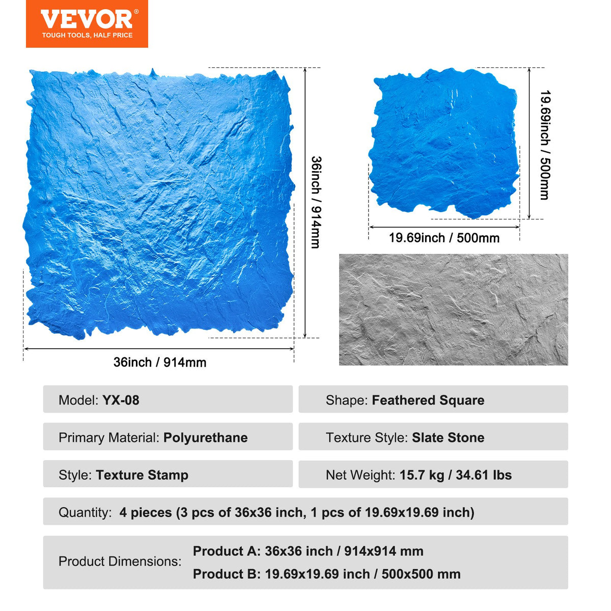 VEVOR 4 pcs 50 x 50 cm Textured Polyurethane Stencils for Concrete Pattern Making