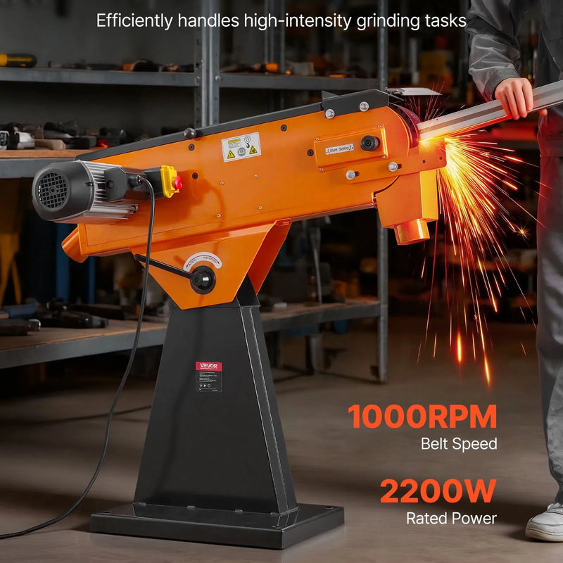 VEVOR lentes slīpmašīna 76 × 2007 mm, 2100 W, 900 apgr./min, industriāla slīpēšanas un pulēšanas iekārta ar 0°–45° regulējamu leņķi un putekļu nosūces pieslēgumu kokapstrādei un metālapstrādei