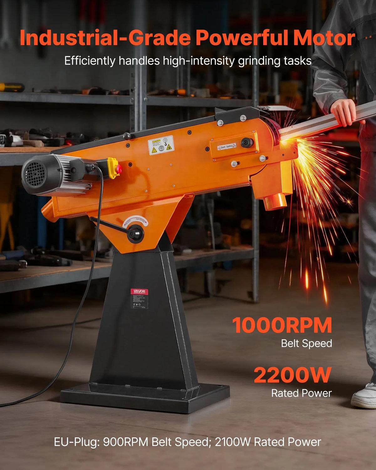 VEVOR Belt Sander 76 × 2007 mm, 2100 W, 900 RPM, Industrial Grinding and Polishing Machine with 0°–45° Adjustable Angle and Dust Extraction Port for Woodworking and Metalworking