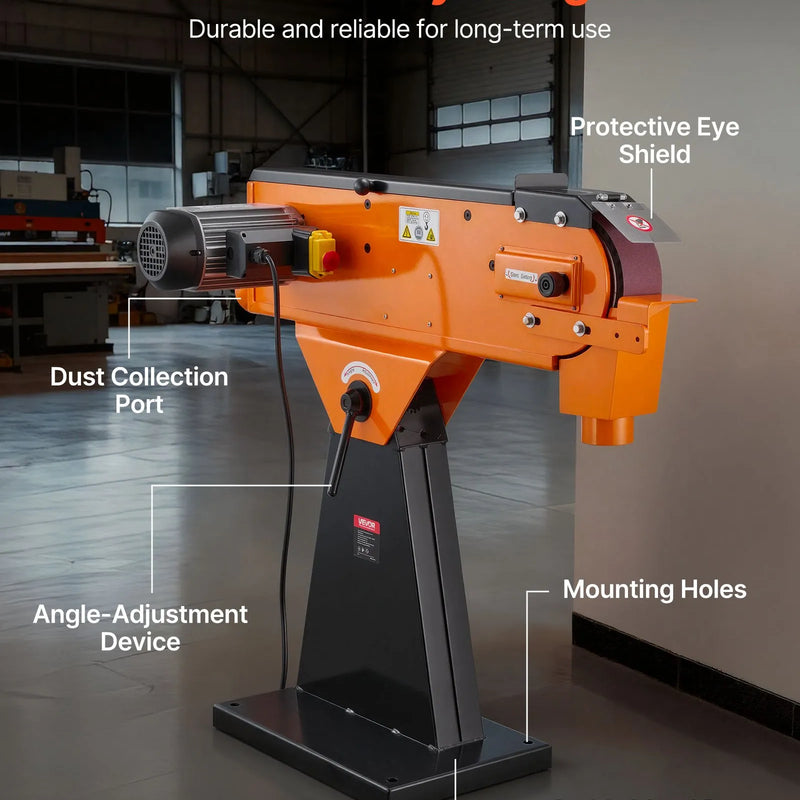 VEVOR lentes slīpmašīna 76 × 2007 mm, 2100 W, 900 apgr./min, industriāla slīpēšanas un pulēšanas iekārta ar 0°–45° regulējamu leņķi un putekļu nosūces pieslēgumu kokapstrādei un metālapstrādei