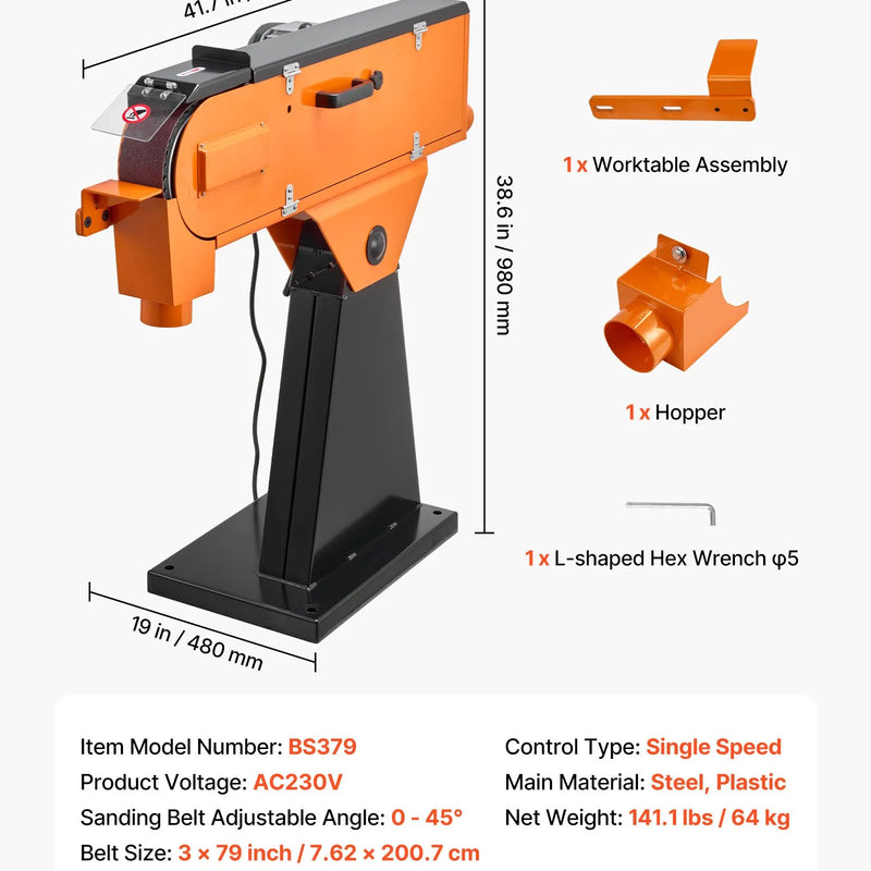 VEVOR lentes slīpmašīna 76 × 2007 mm, 2100 W, 900 apgr./min, industriāla slīpēšanas un pulēšanas iekārta ar 0°–45° regulējamu leņķi un putekļu nosūces pieslēgumu kokapstrādei un metālapstrādei