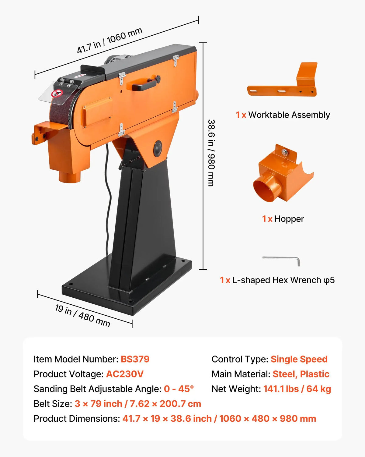 VEVOR Belt Sander 76 × 2007 mm, 2100 W, 900 RPM, Industrial Grinding and Polishing Machine with 0°–45° Adjustable Angle and Dust Extraction Port for Woodworking and Metalworking