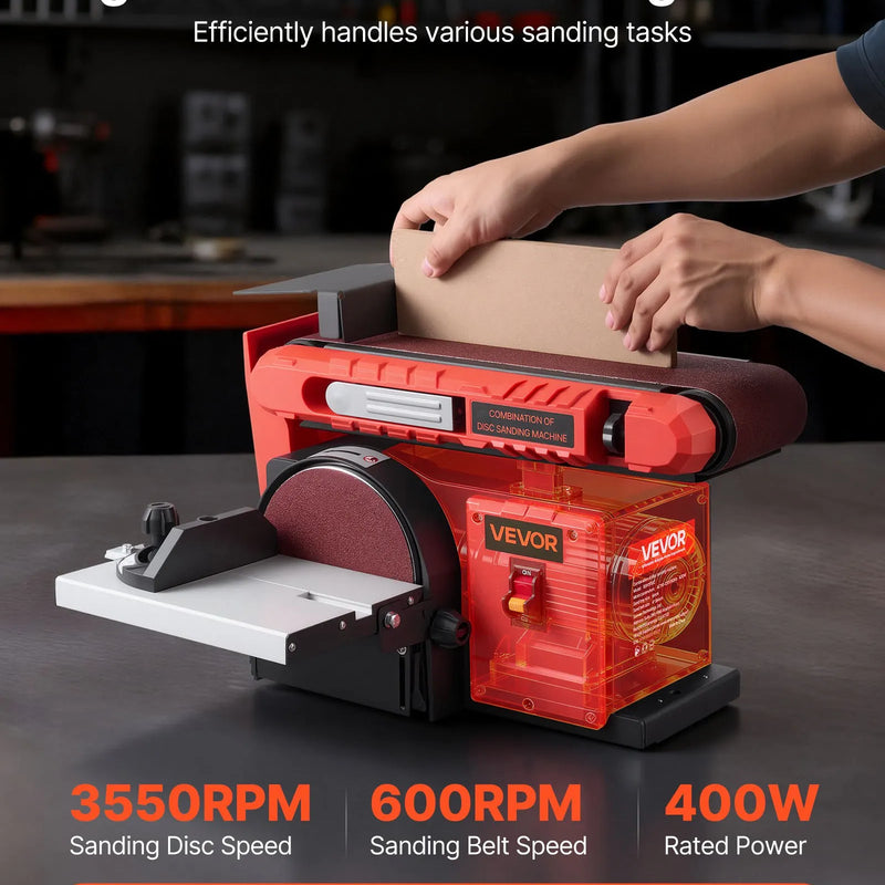 VEVOR lentes un diska slīpmašīna 152,4 mm / 101,6 × 914,4 mm, 400 W profesionāla kombinētā slīpmašīna ar regulējamu darba galdu 0–45°, putekļu nosūkšanas pieslēgumu kokapstrādei un DIY darbiem