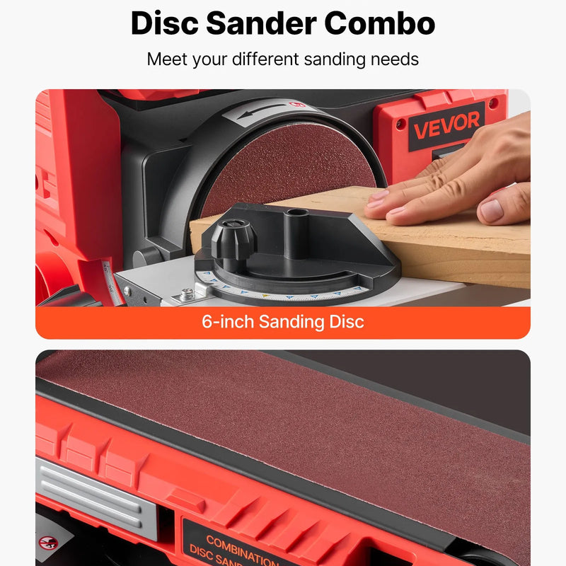 VEVOR lentes un diska slīpmašīna 152,4 mm / 101,6 × 914,4 mm, 400 W profesionāla kombinētā slīpmašīna ar regulējamu darba galdu 0–45°, putekļu nosūkšanas pieslēgumu kokapstrādei un DIY darbiem