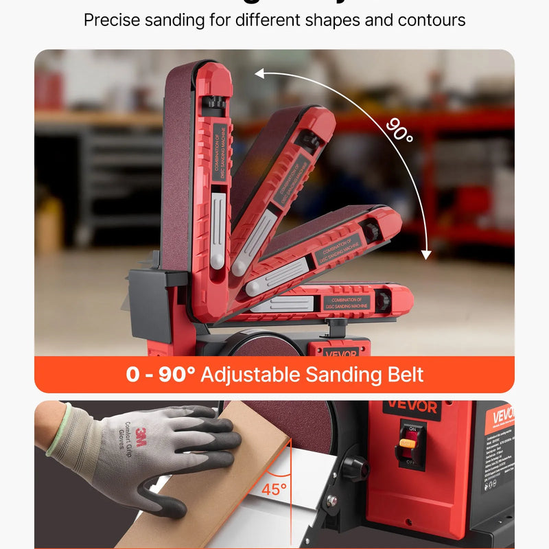 VEVOR lentes un diska slīpmašīna 152,4 mm / 101,6 × 914,4 mm, 400 W profesionāla kombinētā slīpmašīna ar regulējamu darba galdu 0–45°, putekļu nosūkšanas pieslēgumu kokapstrādei un DIY darbiem