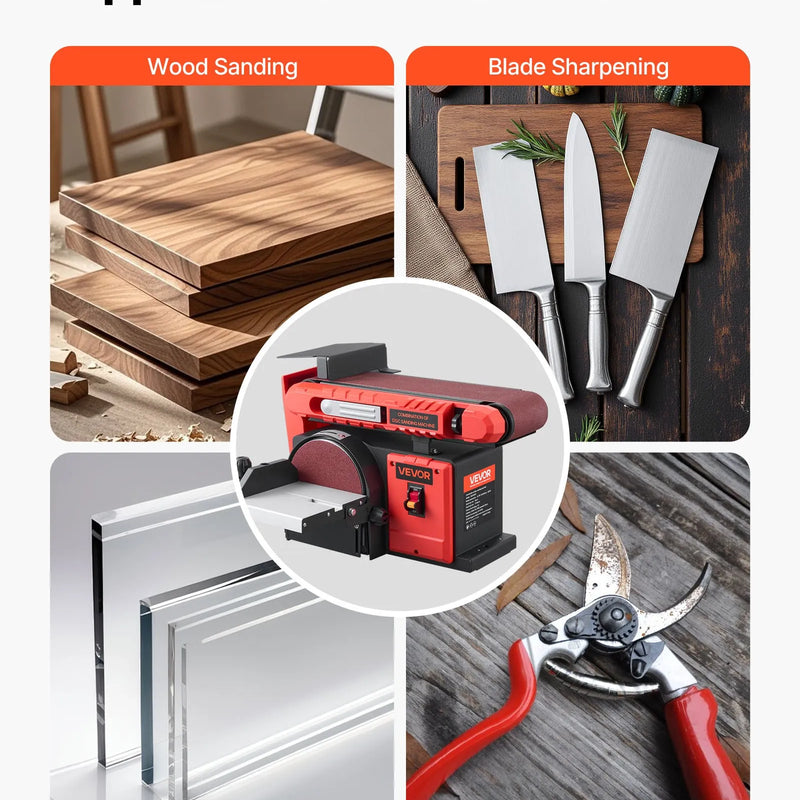 VEVOR lentes un diska slīpmašīna 152,4 mm / 101,6 × 914,4 mm, 400 W profesionāla kombinētā slīpmašīna ar regulējamu darba galdu 0–45°, putekļu nosūkšanas pieslēgumu kokapstrādei un DIY darbiem