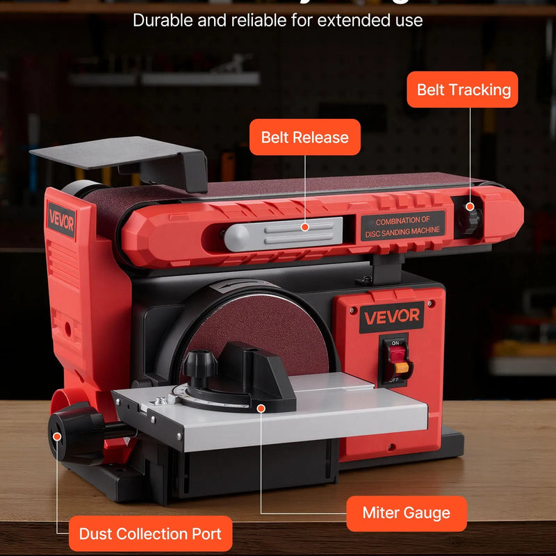 VEVOR lentes un diska slīpmašīna 152,4 mm / 101,6 × 914,4 mm, 400 W profesionāla kombinētā slīpmašīna ar regulējamu darba galdu 0–45°, putekļu nosūkšanas pieslēgumu kokapstrādei un DIY darbiem