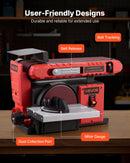 VEVOR lentes un diska slīpmašīna 152,4 mm / 101,6 × 914,4 mm, 400 W profesionāla kombinētā slīpmašīna ar regulējamu darba galdu 0–45°, putekļu nosūkšanas pieslēgumu kokapstrādei un DIY darbiem