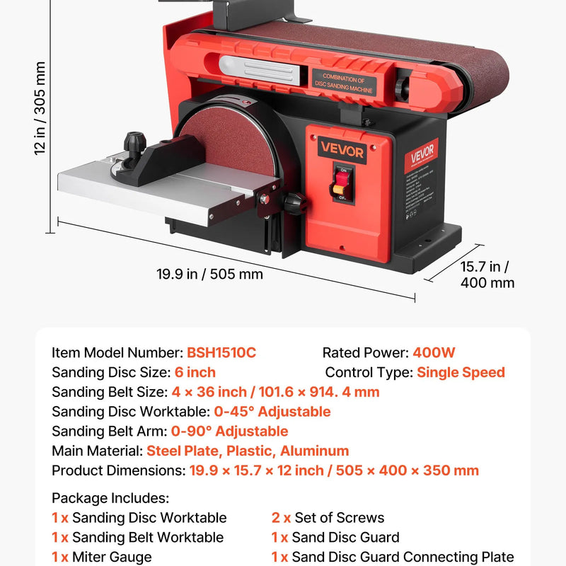 VEVOR lentes un diska slīpmašīna 152,4 mm / 101,6 × 914,4 mm, 400 W profesionāla kombinētā slīpmašīna ar regulējamu darba galdu 0–45°, putekļu nosūkšanas pieslēgumu kokapstrādei un DIY darbiem
