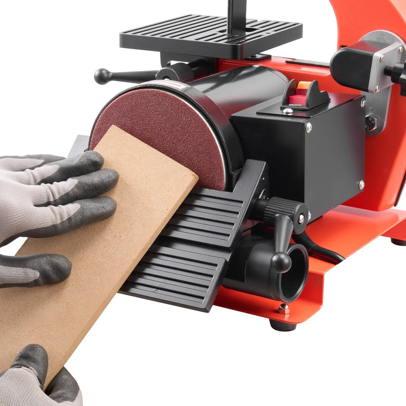 VEVOR lentes un diska slīpmašīna 125 mm / 25 × 762 mm, 250 W galda tipa kombinētā slīpmašīna ar regulējamu darba galdu 0–45° un putekļu nosūkšanas pieslēgumu kokapstrādei, mēbeļu atjaunošanai un DIY darbiem