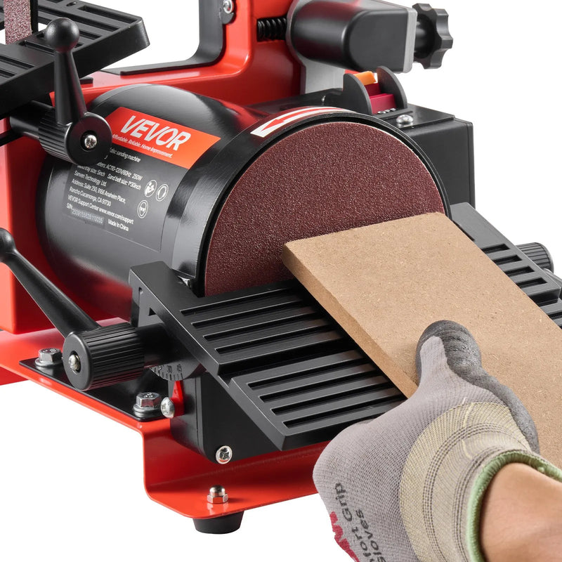 VEVOR lentes un diska slīpmašīna 125 mm / 25 × 762 mm, 250 W galda tipa kombinētā slīpmašīna ar regulējamu darba galdu 0–45° un putekļu nosūkšanas pieslēgumu kokapstrādei, mēbeļu atjaunošanai un DIY darbiem