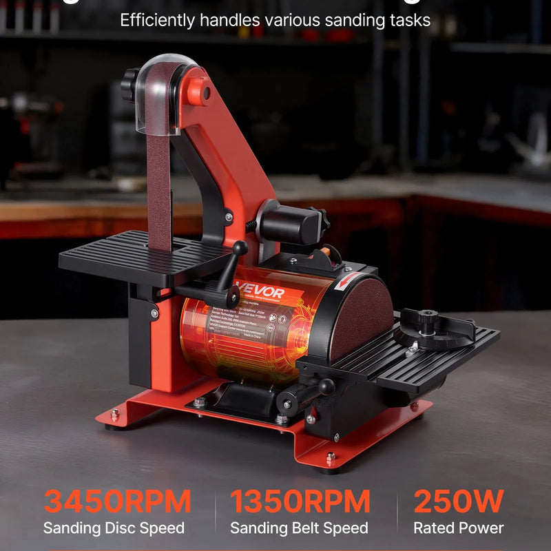 VEVOR lentes un diska slīpmašīna 125 mm / 25 × 762 mm, 250 W galda tipa kombinētā slīpmašīna ar regulējamu darba galdu 0–45° un putekļu nosūkšanas pieslēgumu kokapstrādei, mēbeļu atjaunošanai un DIY darbiem