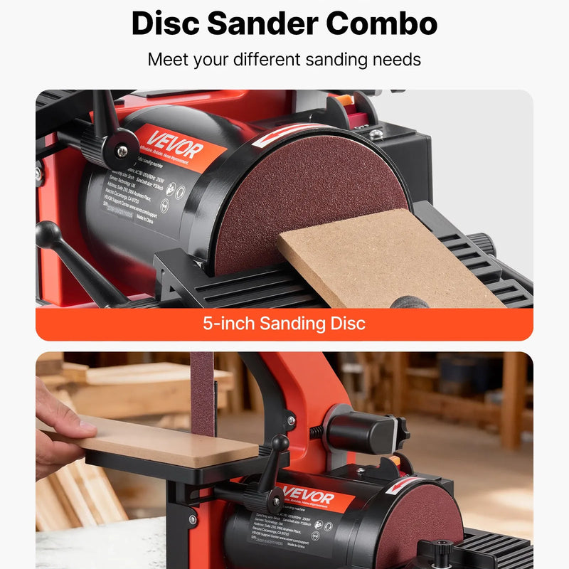 VEVOR lentes un diska slīpmašīna 125 mm / 25 × 762 mm, 250 W galda tipa kombinētā slīpmašīna ar regulējamu darba galdu 0–45° un putekļu nosūkšanas pieslēgumu kokapstrādei, mēbeļu atjaunošanai un DIY darbiem