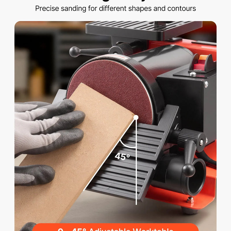 VEVOR lentes un diska slīpmašīna 125 mm / 25 × 762 mm, 250 W galda tipa kombinētā slīpmašīna ar regulējamu darba galdu 0–45° un putekļu nosūkšanas pieslēgumu kokapstrādei, mēbeļu atjaunošanai un DIY darbiem
