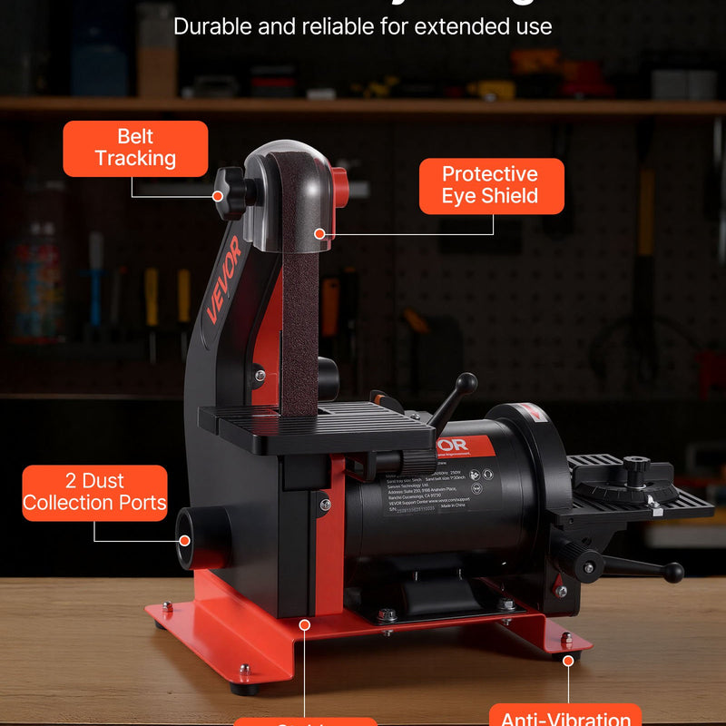 VEVOR lentes un diska slīpmašīna 125 mm / 25 × 762 mm, 250 W galda tipa kombinētā slīpmašīna ar regulējamu darba galdu 0–45° un putekļu nosūkšanas pieslēgumu kokapstrādei, mēbeļu atjaunošanai un DIY darbiem