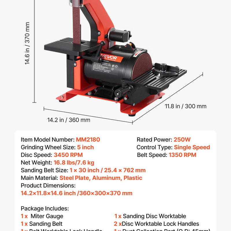 VEVOR lentes un diska slīpmašīna 125 mm / 25 × 762 mm, 250 W galda tipa kombinētā slīpmašīna ar regulējamu darba galdu 0–45° un putekļu nosūkšanas pieslēgumu kokapstrādei, mēbeļu atjaunošanai un DIY darbiem