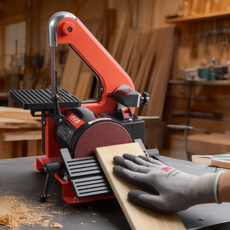 VEVOR lentes un diska slīpmašīna 125 mm / 25 × 762 mm, 250 W galda tipa kombinētā slīpmašīna ar regulējamu darba galdu 0–45° un putekļu nosūkšanas pieslēgumu kokapstrādei, mēbeļu atjaunošanai un DIY darbiem