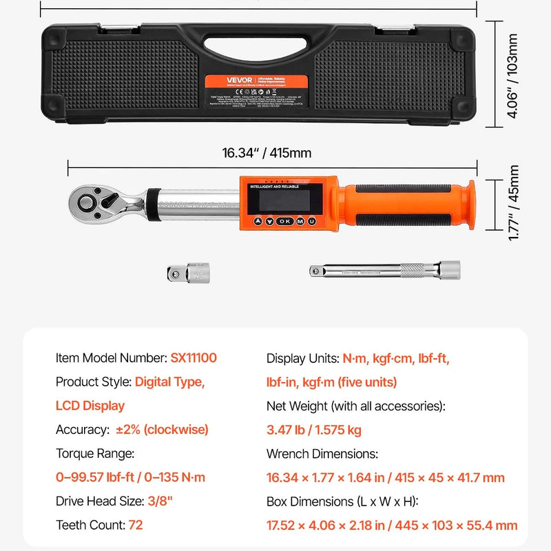 Digitālais momentslēdzis 9,5 mm piedziņa, 0–135 Nm, 72 zobu sprūdrats