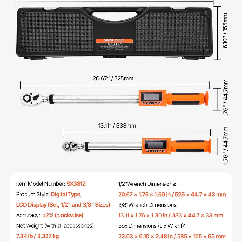 Digitālo momentslēdžu komplekts 2 gab., 12,5 mm un 9,5 mm piedziņa, 72 zobu