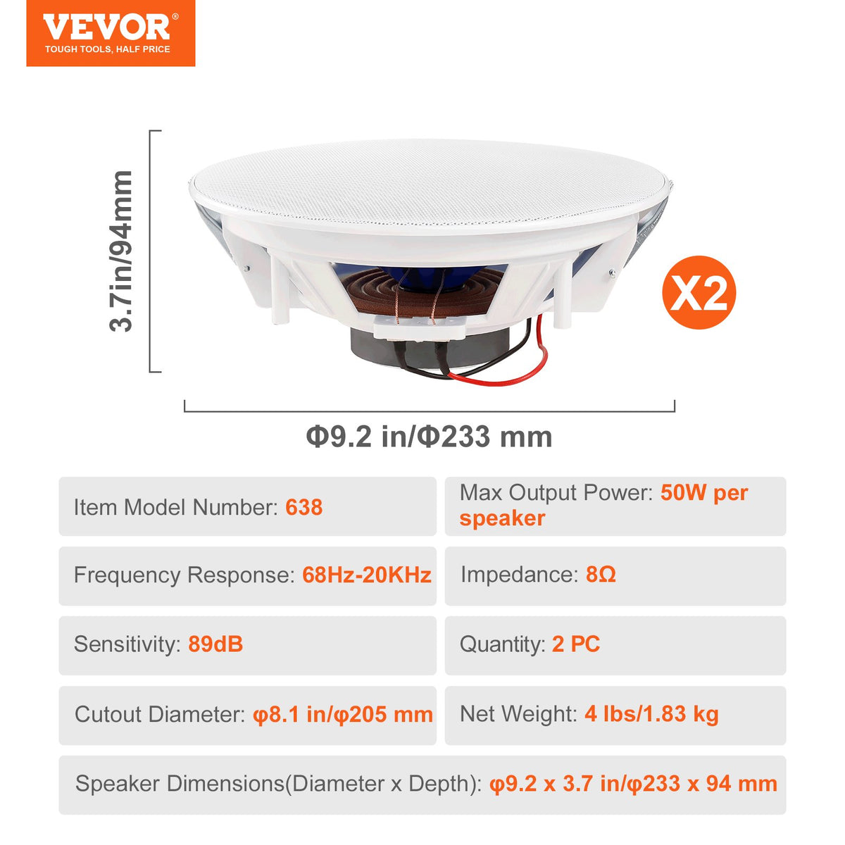 VEVOR laekõlarid 2 tk, 20 cm, 50 W, seina või lakke süvistatavad