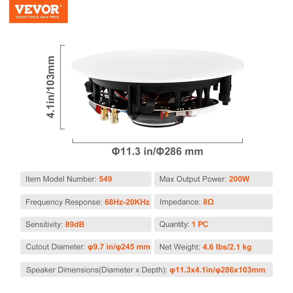 VEVOR griestu skaļrunis 20 cm, 200 W, 8 Ω, iebūvējams griestos vai sienā, 1 gab.