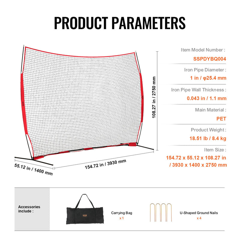 VEVOR aizsargtīkls ar barjeru, 366x274 cm – pārnēsājams treniņu tīkls ar somu, drošības ekrāns beisbolam, softbolam, lakrosam, futbolam un hokejam, piemērots lietošanai pagalmā un sporta treniņiem