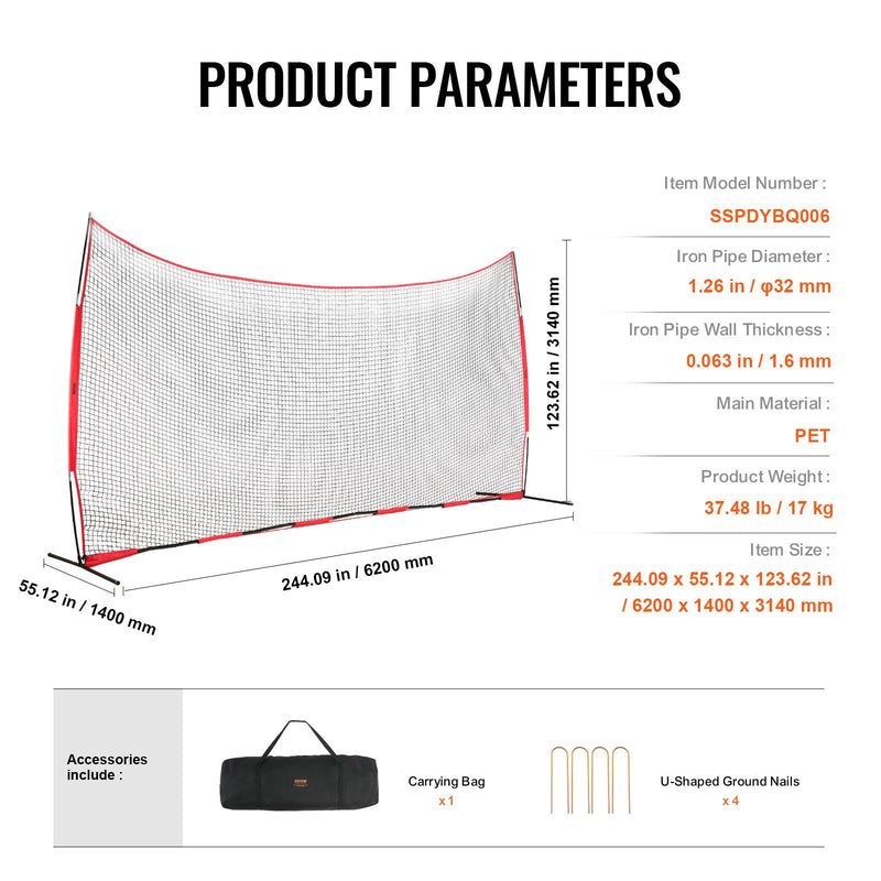 VEVOR Aizsargtīkls ar Barjeru 610x305 cm – Pārnēsājams Sporta Tīkls ar Pārnēsājamo Somu, Aizsargtīkls Beisbolam, Softbolam, Lakrosam, Futbolam un Hokejam, Piemērots Pagalmam un Treniņiem