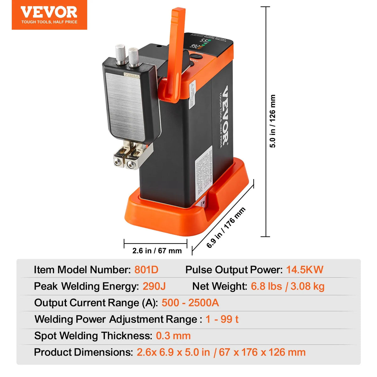 VEVOR 14.5 kW Battery Spot Welder with Capacitor Energy Storage Technology, 73B Welding Pen, 801D High Power Spot Welder with 2 Welding Modes for 0.1–0.3 mm Pure Nickel Welding