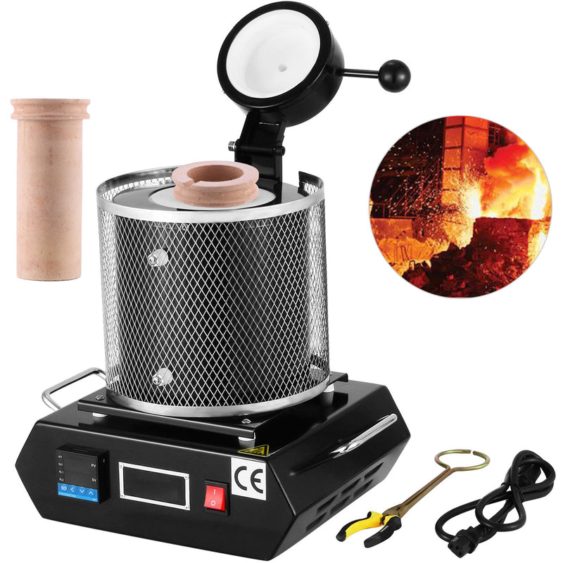 VEVOR elektriskā metālu kausēšanas krāsns 1350W, līdz 1150°C, digitāla temperatūras vadība, 3 kg keramikas tīģelis, zelta, sudraba un alumīnija kausēšanai un liešanai