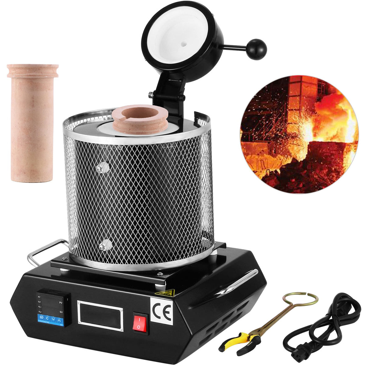 VEVOR elektriskā metālu kausēšanas krāsns 1350 W, līdz 1150 °C, digitālā vadība, 3 kg keramikas tīģelis, zeltam, sudrabam un alumīnijam