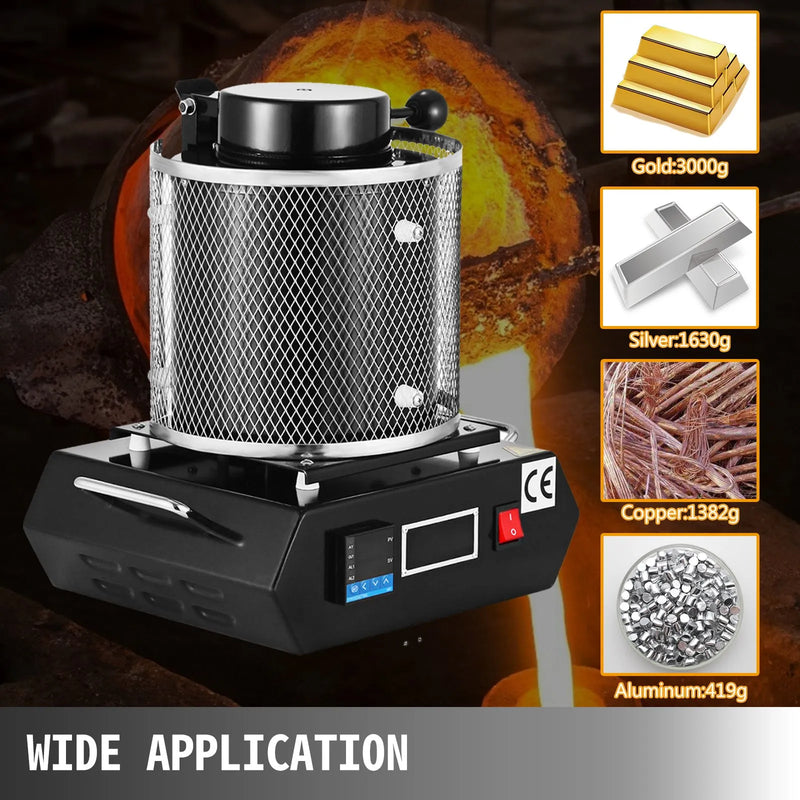 VEVOR elektriskā metālu kausēšanas krāsns 1350W, līdz 1150°C, digitāla temperatūras vadība, 3 kg keramikas tīģelis, zelta, sudraba un alumīnija kausēšanai un liešanai