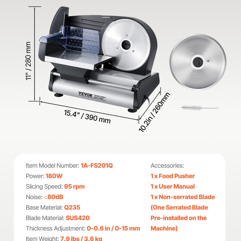 VEVOR 180W Elektriskais Gaļas Sagriezējs, 19 cm, Gaļas, Maizes un Siera griešanai
