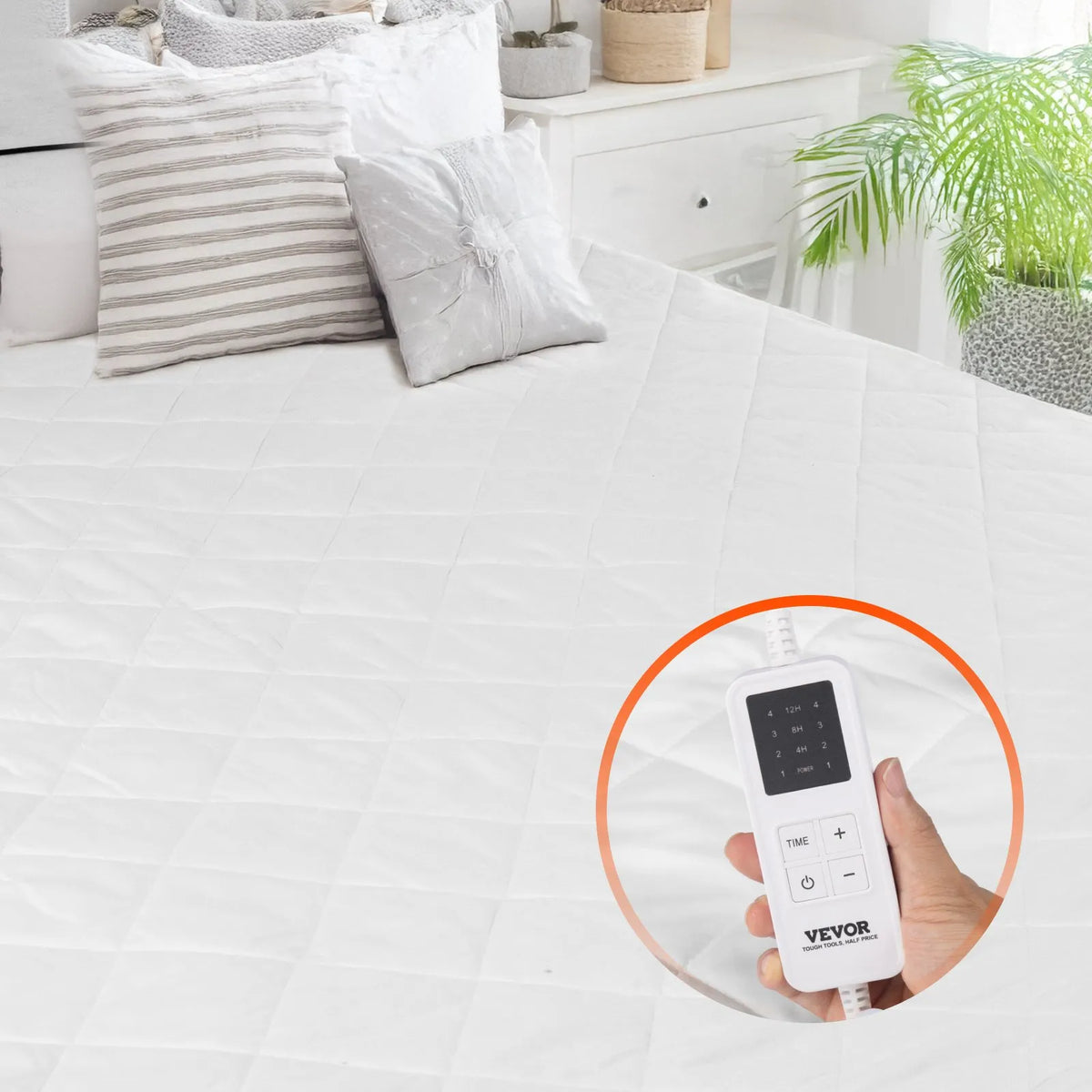 VEVOR elektriskais matrača sildītājs 150 × 80 cm ar 4 sildīšanas režīmiem, 12 h taimeri un 8 h automātisko izslēgšanos, ar dziļu elastīgu pārvalku un birstētu audumu - ZEMLETES.LV