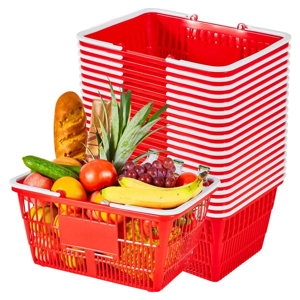 VEVOR iepirkumu grozi, 20 gab., 21 l sakraujami PE plastmasas grozi ar rokturiem, blīva režģa konstrukcija, kravnesība līdz 9,07 kg, piemēroti veikalam, mazumtirdzniecībai, supermarketam un lietošanai mājās, sarkani - ZEMLETES.LV