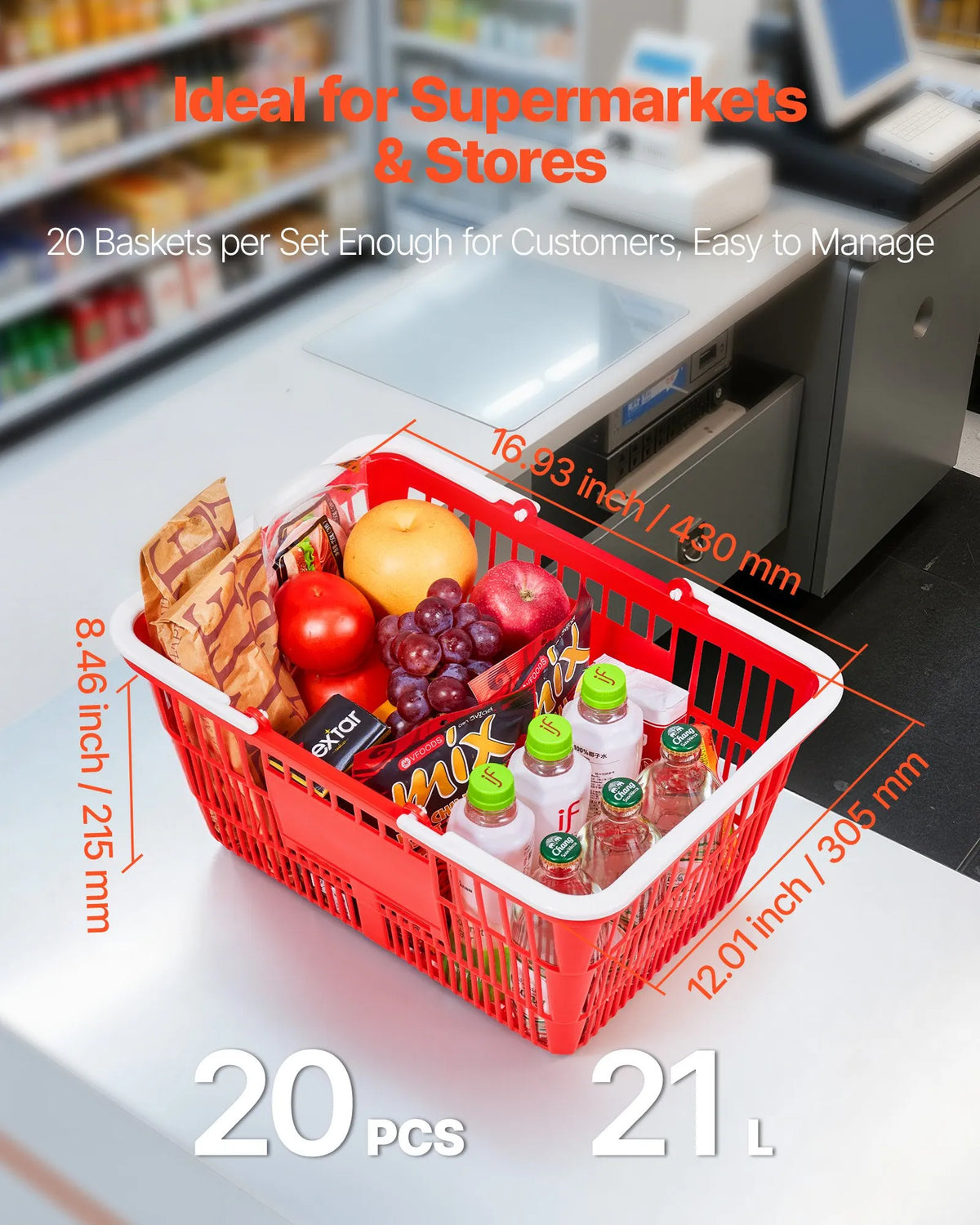 VEVOR iepirkumu grozi, 20 gab., 21 l sakraujami PE plastmasas grozi ar rokturiem, blīva režģa konstrukcija, kravnesība līdz 9,07 kg, piemēroti veikalam, mazumtirdzniecībai, supermarketam un lietošanai mājās, sarkani - ZEMLETES.LV