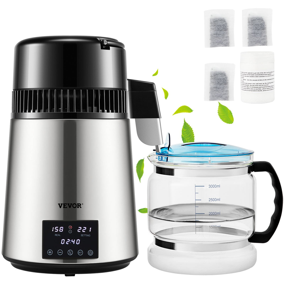 4L VEVOR Water Distiller with 1.5 l/h Output, Timer and Dual Temperature Control, Silver