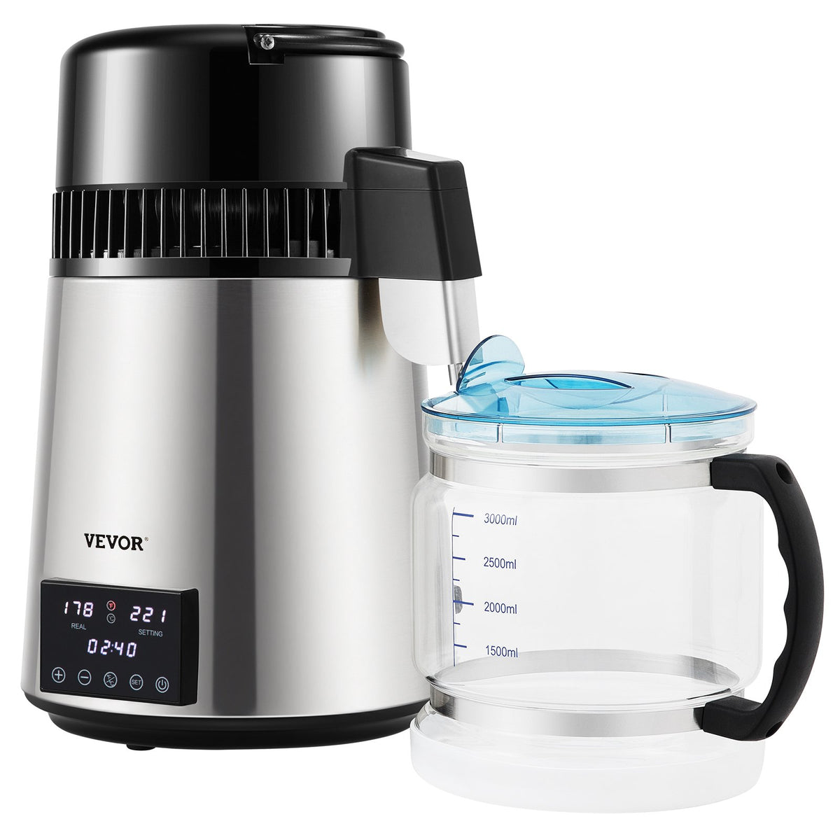 4L VEVOR Water Distiller with 1.5 l/h Output, Timer and Dual Temperature Control, Silver